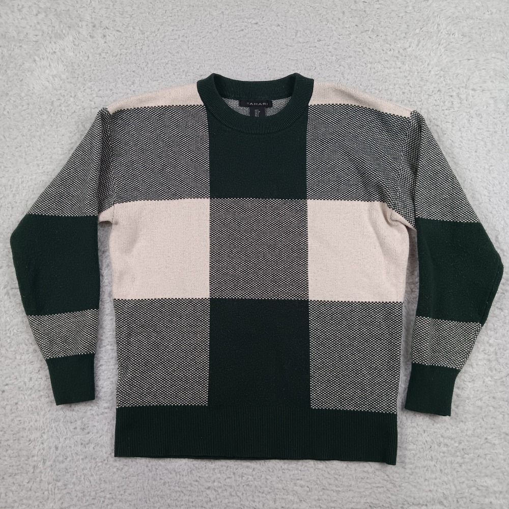 Tahari Sweater Crewneck S Green Cream Checkerboard Knit RN 75343